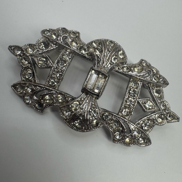 Antique Art Deco Double Dress Clip Clear Rhinestone Brooch - Picture 10 of 15
